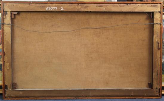 Circle of Charles Francois Daubigny (1817-1878) Extensive landscape with figures in a boat and a waterfall, 30 x 50in.